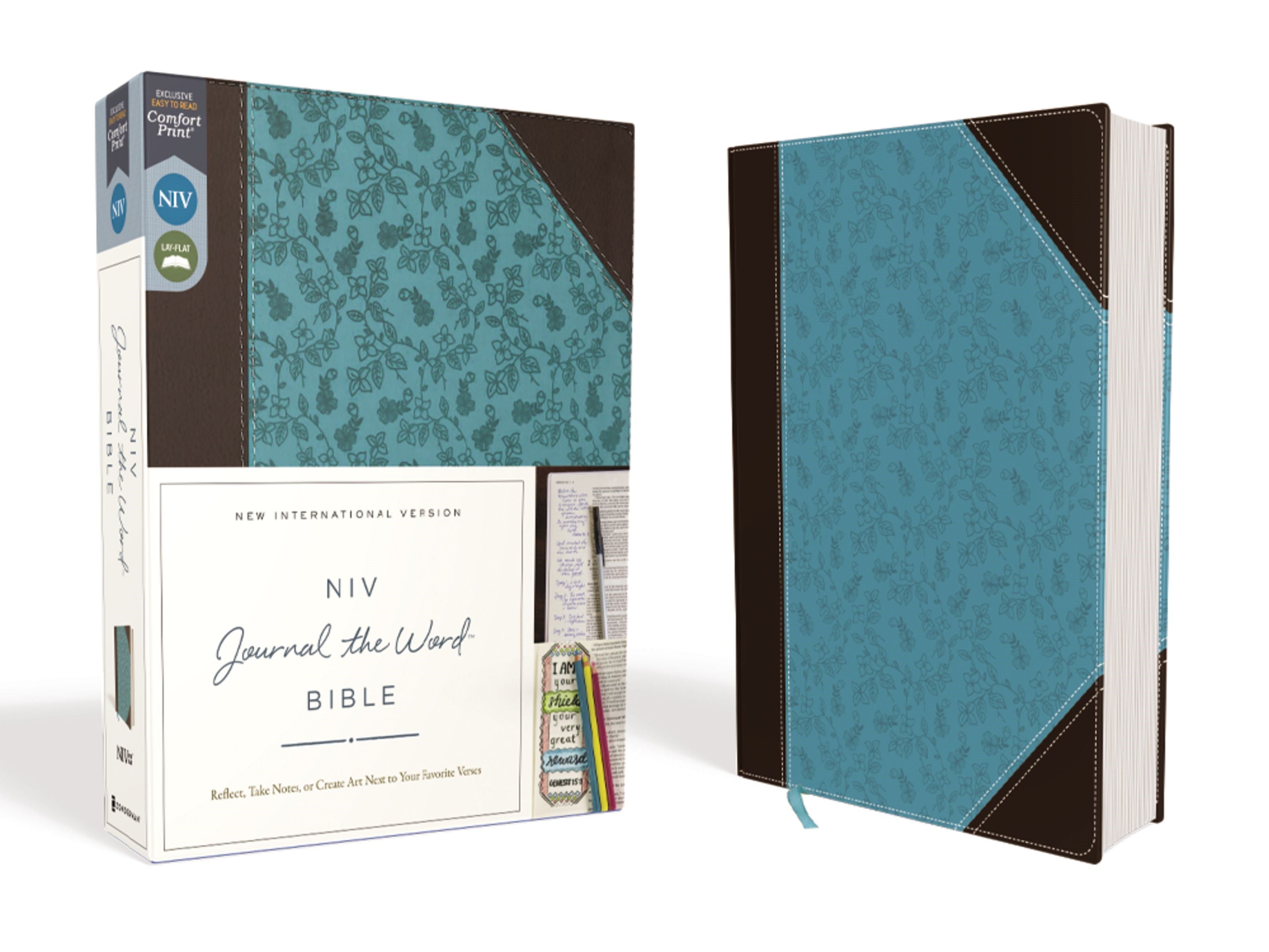 NIV, Journal the Word Bible (Perfect for Note-Taking), Leathersoft, Brown/Blue, Red Letter, Comfort Print: Reflect, Take Notes, or Create Art Next to Your Favorite Verses