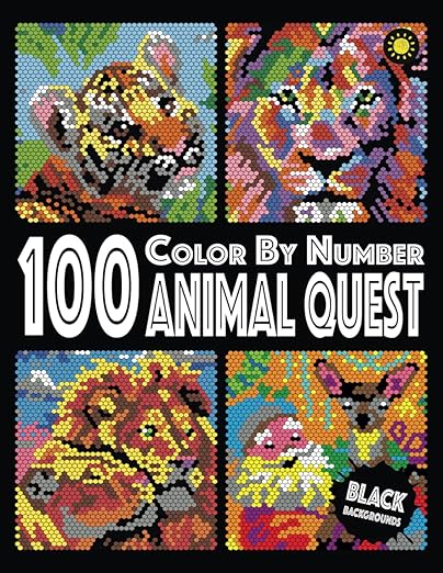 100 Animal Quest Color By Number (Black Backgrounds): color quest activity book with 12-color palette