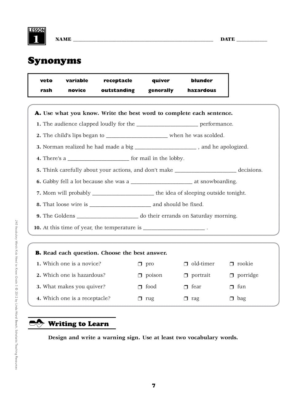 240 Vocabulary Words Kids Need to Know: Grade 5