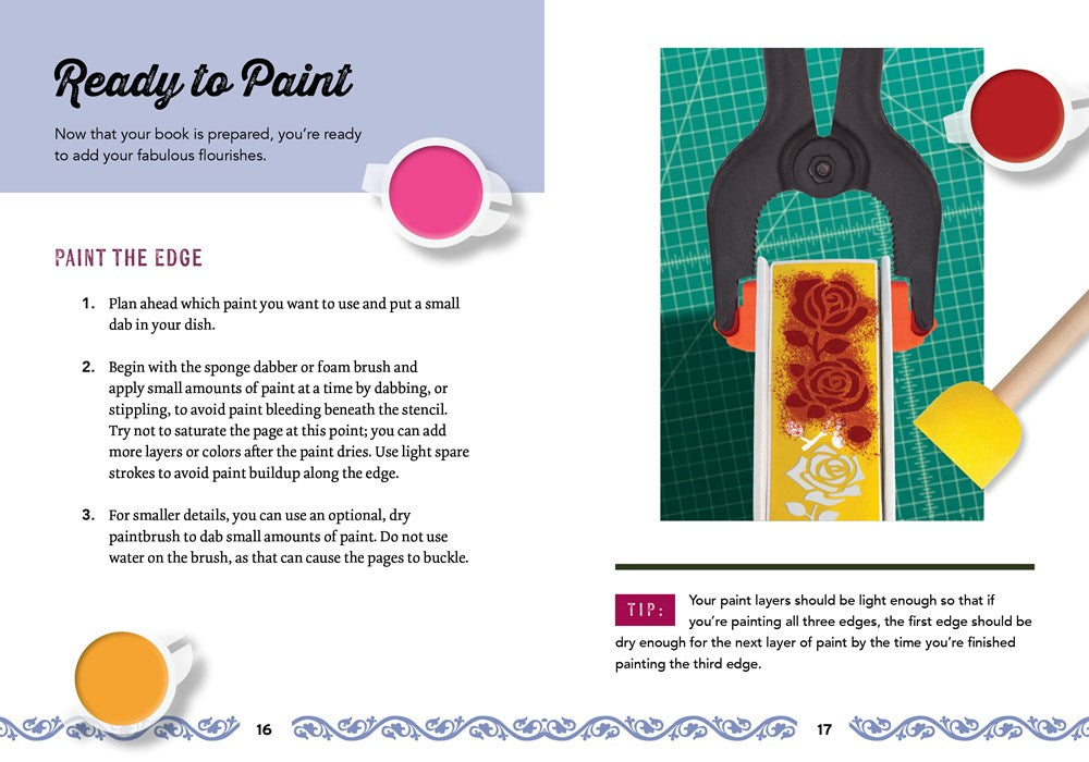 Stenciled Book Edges Kit: Turn Your Favorite Books into Custom Works of Art - Includes: Project Book, Paint Pots, Stencils, Sponge Tools, Book Clamps