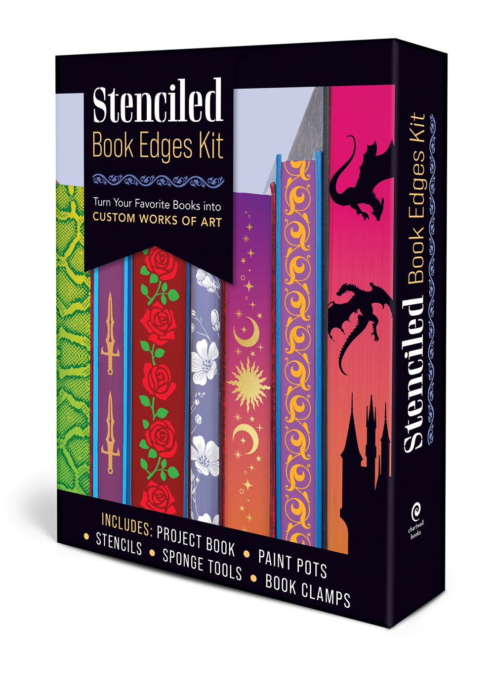 Stenciled Book Edges Kit: Turn Your Favorite Books into Custom Works of Art - Includes: Project Book, Paint Pots, Stencils, Sponge Tools, Book Clamps
