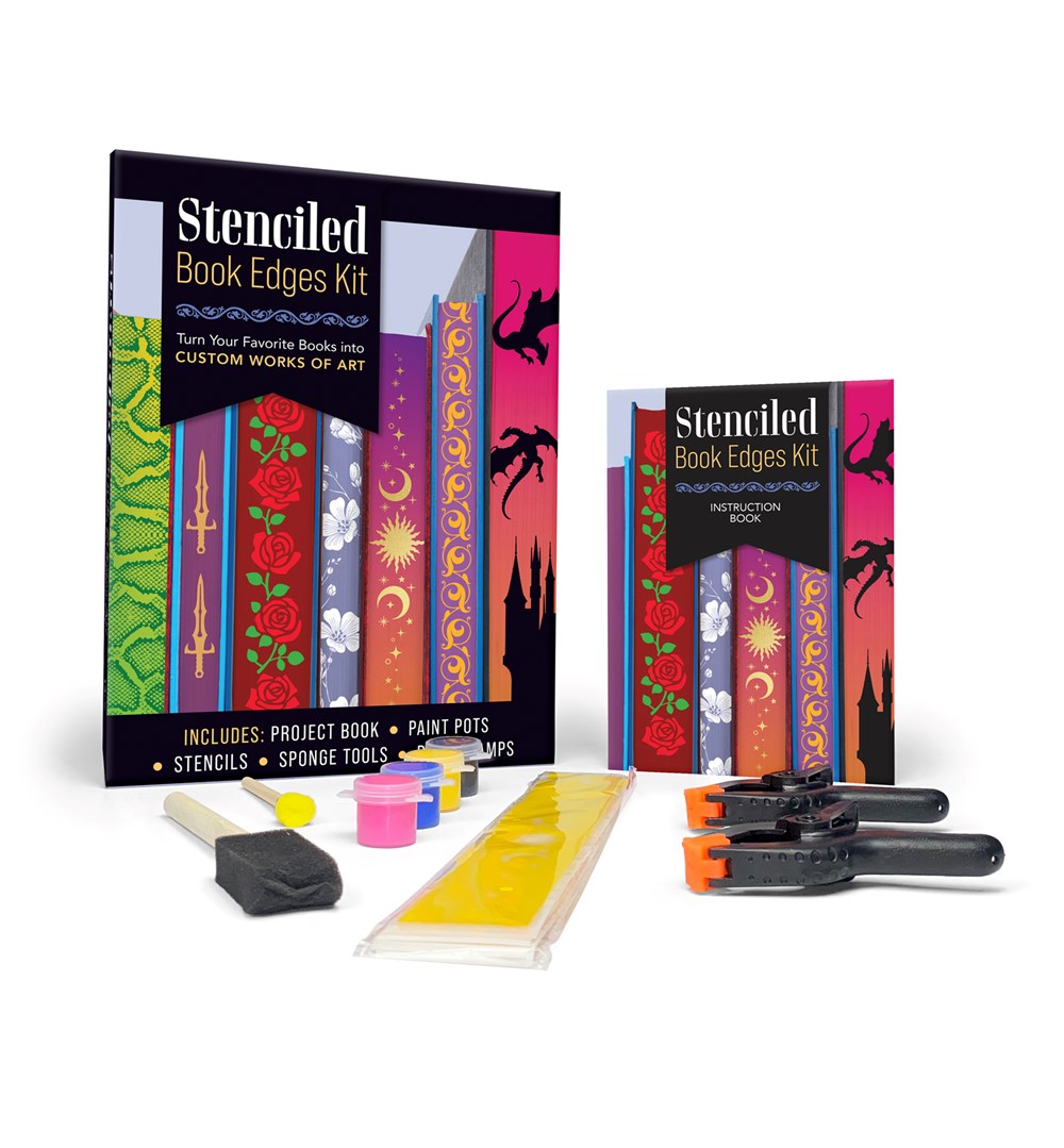 Stenciled Book Edges Kit: Turn Your Favorite Books into Custom Works of Art - Includes: Project Book, Paint Pots, Stencils, Sponge Tools, Book Clamps