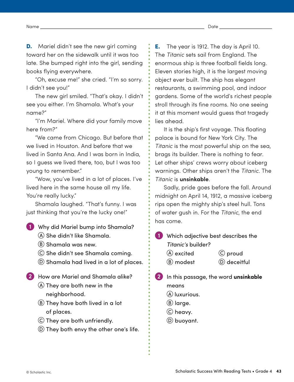 Scholastic Success with Reading Tests Grade 4 Workbook