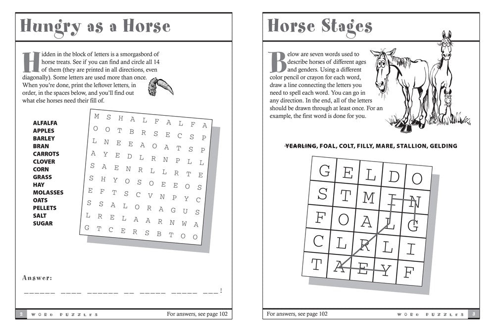 Horse Games & Puzzles: 102 Brainteasers, Word Games, Jokes & Riddles, Picture Puzzlers, Matches & Logic Tests for Horse-Loving Kids (Storey's Games & Puzzles)