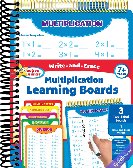 Active Minds - Write-and-Erase - Wipe Clean Learning Boards Ages 7+ - Multiplication, Division, USA States and Capitals
